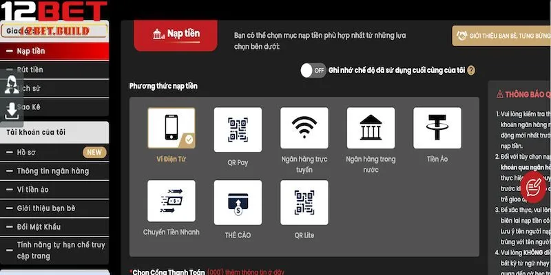 Quy trình nạp tiền 12bet cho các hình thức